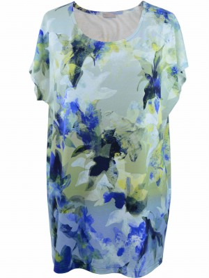 Bluzka tunika z motywem roślinnym, niebieska 011