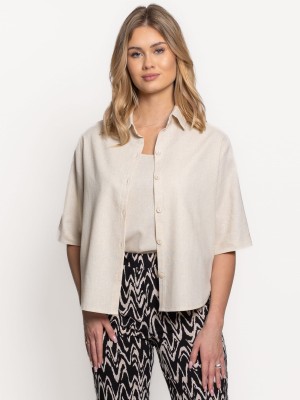 Koszula z lnem o krótszym kroju naturalny 010