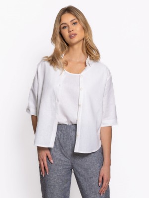 Koszula z lnem o krótszym kroju, biała 09