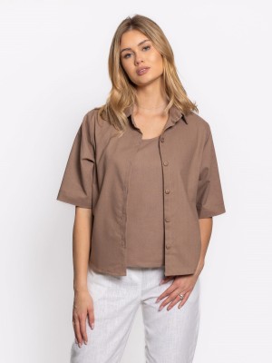 Koszula z lnem o krótszym kroju, mleczny brąz 011