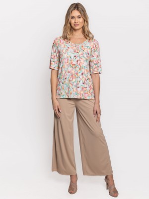 Spodnie z prostymi szerokimi nogawkami beżowe 0215