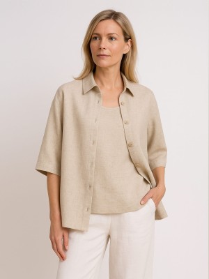 Koszula z lnem o krótszym kroju naturalny melanż 08