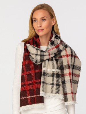 Szal w kratę beżowo czerwony 151