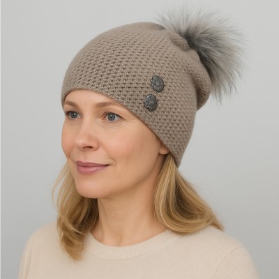 Czapka z wełną, beżowa 027