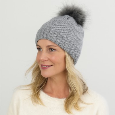 Czapka z pomponem z domieszką wełny, popiel 033