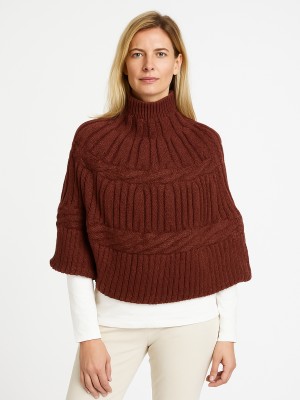 Poncho z dzianiny swetrowej z wełną bordowe