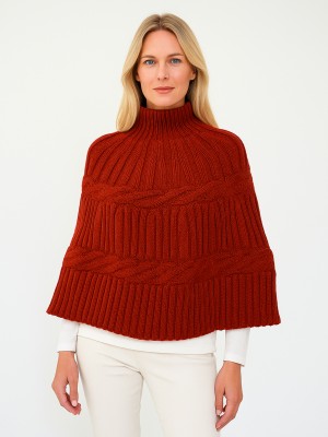 Poncho z dzianiny swetrowej z wełną czerwone