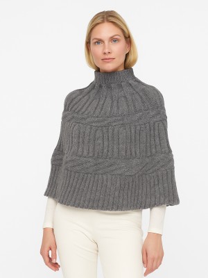 Poncho z dzianiny swetrowej z wełną szary melanż