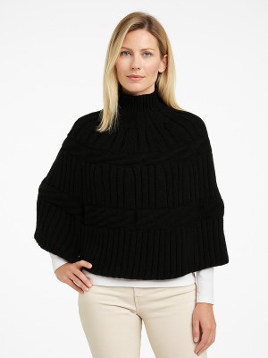 Poncho z dzianiny swetrowej z wełną czarne