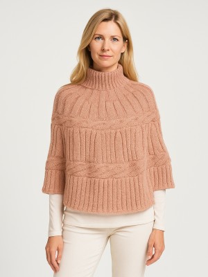 Poncho z dzianiny swetrowej z wełną pudrowy róż