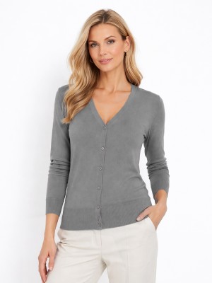Sweter zapinany na guziki z dekoltem V szary 096