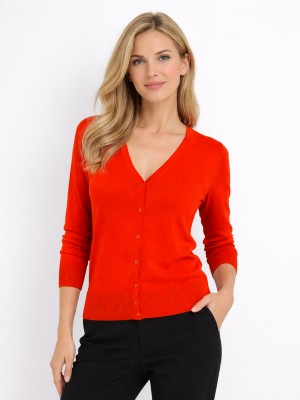 Sweter zapinany na guziki z dekoltem V czerwony 096