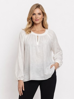 Bluzka z marszczeniem przy dekolcie i rękawie biała 7261