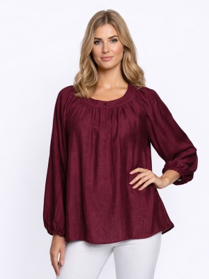 Bluzka z marszczeniem przy dekolcie i rękawie bordowa 7262