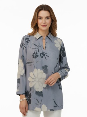 Bluzka z kołnierzem, szare kwiaty 7081