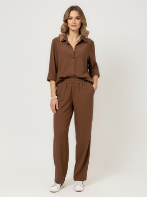 Spodnie proste z elastycznym pasem, brąz 148