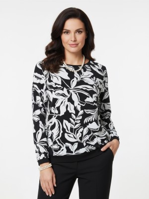 Bluzka ze ściągaczem w czarno białe kwiaty, czarna 7150