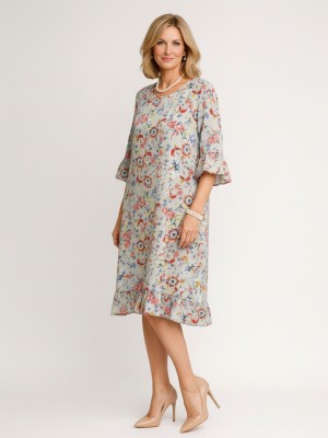 Sukienka w kwiaty z falbaną przy rękawie jasny popiel 379