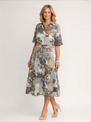 Sukienka z kołnierzem i wiązaniem w pasie, kwiaty jasnobrązowe 446