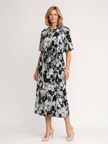 Sukienka z kołnierzem w kwiaty, kamienny beż 447