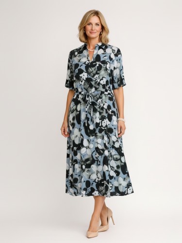 Sukienka z kołnierzem w kwiaty, niebieska 451