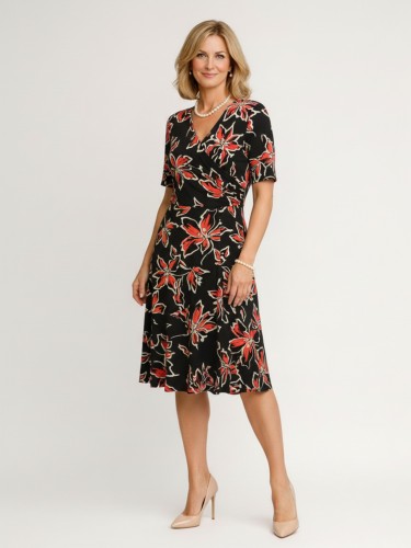 Sukienka kopertowa z rozkloszowanym dołem w kwiaty, czarna 583
