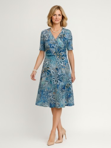 Sukienka kopertowa z rozkloszowanym dołem we wzór paisley, niebieska 584