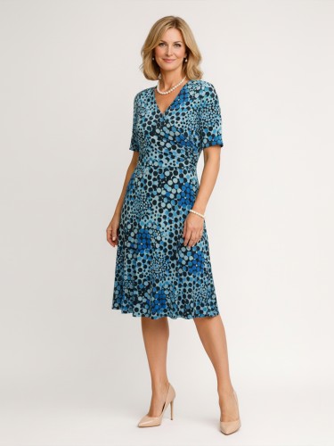 Sukienka kopertowa z rozkloszowanym dołem w kropki, niebieska 585