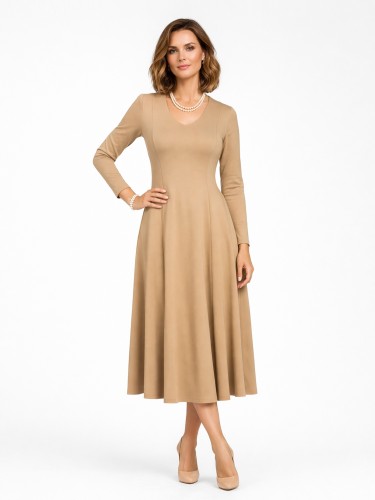 Sukienka rozkloszowana midi, beżowa 537