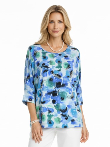 Bluzka kimono oversize, kwiaty akwarela niebieskie 5087