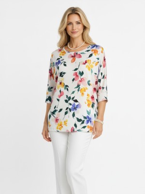 Bluzka kimono oversize, kolorowe kwiaty 5090