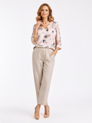 Spodnie z lnu ze zwężanymi nogawkami beżowe 0164