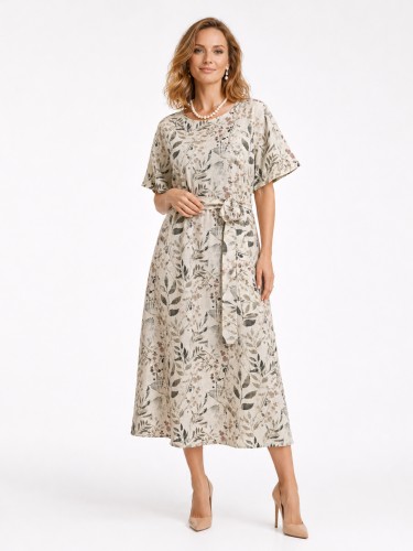 Sukienka midi z lnem w nadruk liści 668