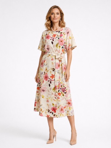 Sukienka midi z lnem w kwiaty 666