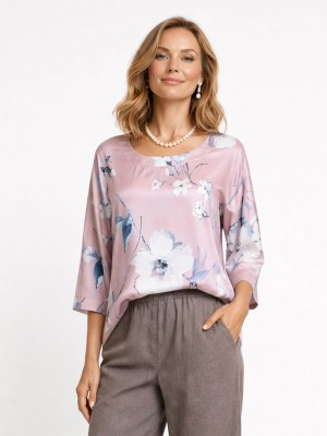 Bluzka z tkaniny satynowanej w kwiaty, różowa 2895