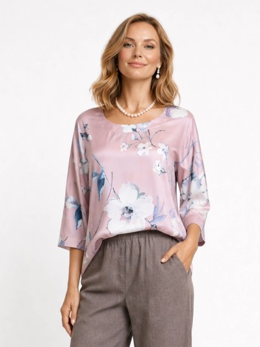 Bluzka z tkaniny satynowanej w kwiaty, różowa 2895