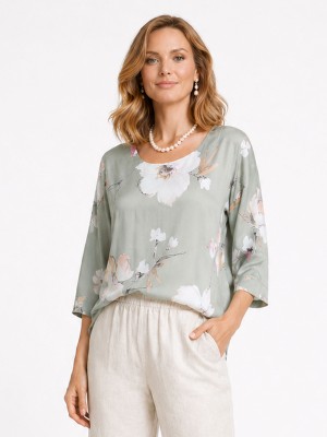 Bluzka z tkaniny satynowanej w kwiaty, zielona 2897