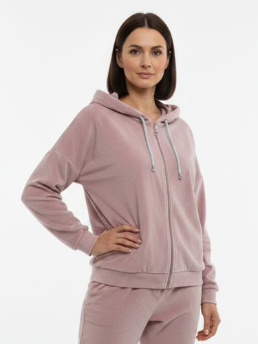 Bluza z bawełnianego  weluru z kapturem pudrowy róż 010