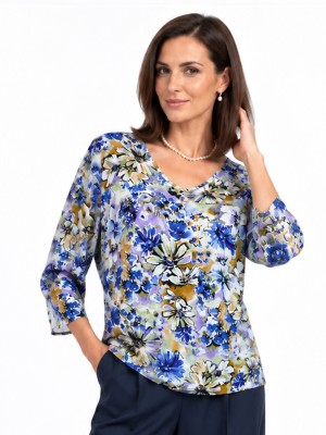 Bluzka kimono w kwiaty, niebieski 6123