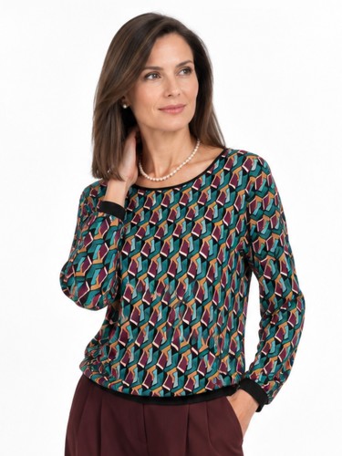 Bluzka kimono ze ściągaczem w geometryczny wzór, kolorowa 7112