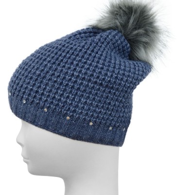 Czapka z kryształkami i pomponem, niebieska 032