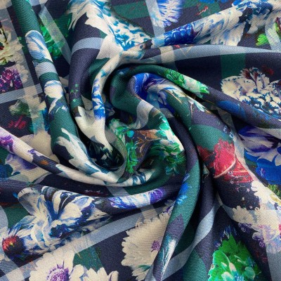 Tkanina wiskozowa w kratę i kwiaty granat WI7