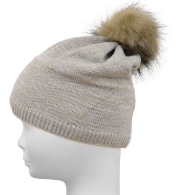 Czapka z błyszczącą przędzą, beżowa 037