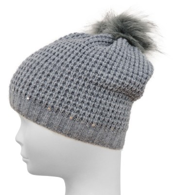 Czapka z kryształkami i pomponem, szara 032