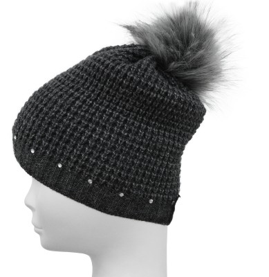 Czapka z kryształkami i pomponem, grafitowa 032